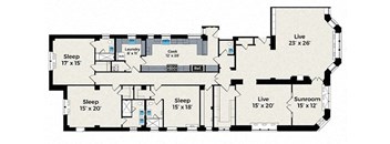 A floor plan of a house with three bedrooms, a laundry room, a kitchen, a living room, and a sunroom.