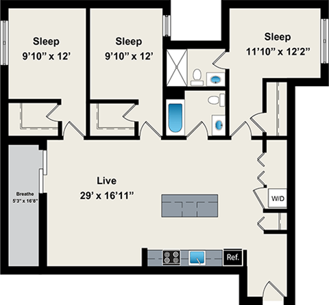 A floor plan of a house with three bedrooms and a living room.