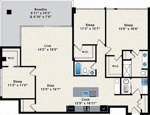 A floor plan of a house with labeled rooms and dimensions.