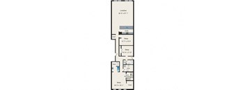 A floor plan of a house with a living room, two bedrooms, a bathroom, and a kitchen.
