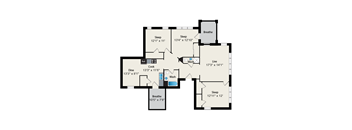 A floor plan of a house with a kitchen, two bathrooms, and three bedrooms.
