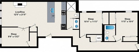 A floor plan of a house with three bedrooms and a live/dine room.