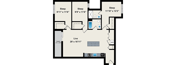 A floor plan of a living space showing three sleeping areas and a live area.