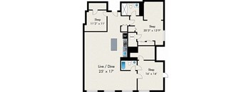 A floor plan of a house with three bedrooms, a live/dine room, and a bathroom.
