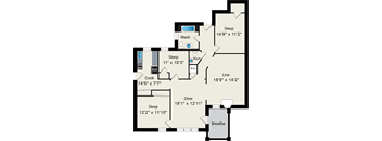 A floor plan of a house with labeled rooms including a sleeping area, a cooking area, a dining area, and a bathroom.