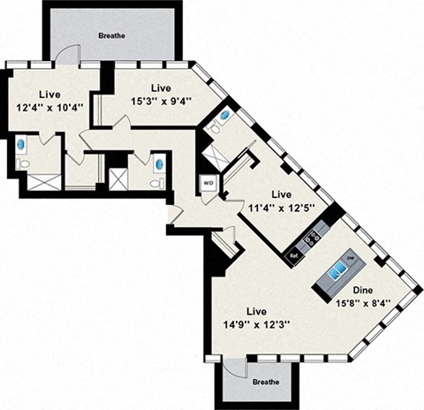 A floor plan of a house with labeled rooms and dimensions.