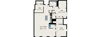 A floor plan of a house with four bedrooms and a live/dine room.