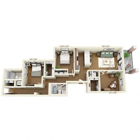 A floor plan of a two-bedroom apartment with a living room, kitchen, and bathroom.
