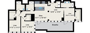 A floor plan of a house with labeled rooms and dimensions.