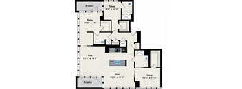 A floor plan of a house with labeled rooms and dimensions.