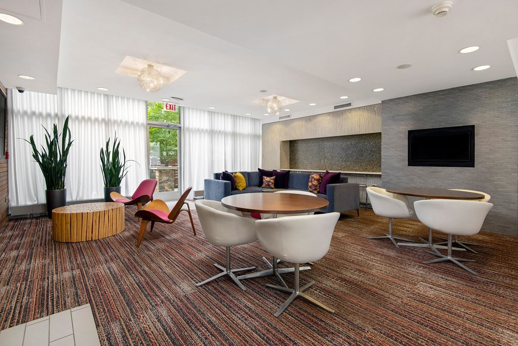 A modern living room with a wooden floor and a variety of chairs and a coffee table.