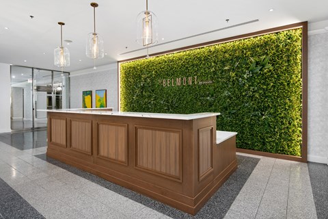 a green wall in a lobby with a reception desk
