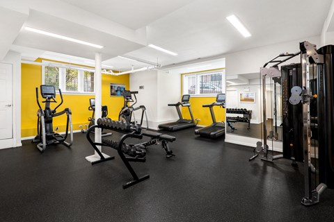the gym with weights and cardio equipment at the belgard apartments
