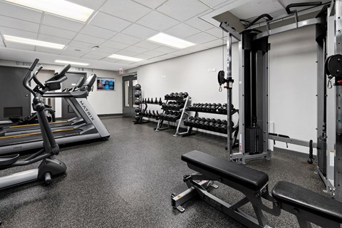 a gym with cardio equipment and weights on the floor