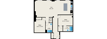 A floor plan of a house with two bedrooms, a living room, and a bathroom.