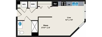 A floor plan of a room with a sleeping area and a living area.