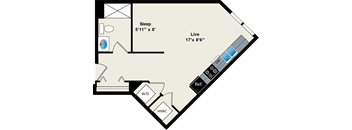 A floor plan of a room with a sleeping area, a living area, a reference wall, a washer and dryer, and a HVAC unit.