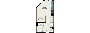 A floor plan of a room with a live area, sleeping area, and a reference line.