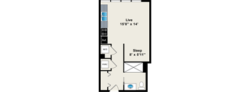 A floor plan of a small apartment with a sleeping area and a living area.