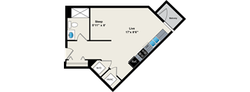 A diagram of a room layout with a sleeping area, a living area, a balcony, and a reference line.