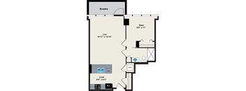 A floor plan of a house with a sleeping area, a living area, a kitchen, and a bathroom.