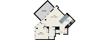 A floor plan of a house with a living room, a bedroom, and a bathroom.