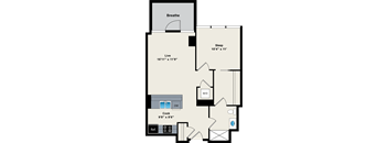 A floor plan of a house with a sleeping area, a cooking area, and a bathroom.
