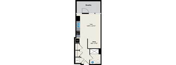 A floor plan of a small apartment with a sleeping area, a living area, and a bathroom.