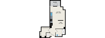 A floor plan of a room with a sleeping area, a dining area, and a living area.