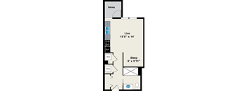 A floor plan of a room with a balcony, a living area, a sleeping area, and a bathroom.