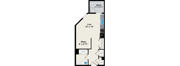 A floor plan of a small apartment with a balcony, living room, and sleeping area.