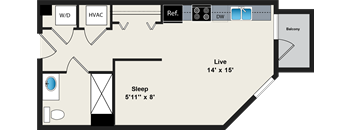 A floor plan shows a bedroom with a sleep area of 5'11" x 8" and a live area of 14' x 15'.