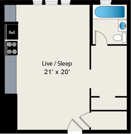 Studio Small 201 floor plan at Reside on Surf Apartments, 425 W Surf St, 60657