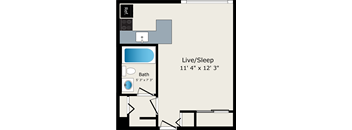 A floor plan of a Live/Sleep area that is 11'4" x 12'3" with a bath sized 5'3" x 7'3".