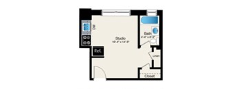 A drawing of a room with a bath and a studio.