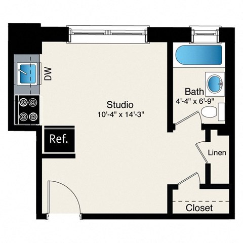 A drawing of a room with a bath and a studio.