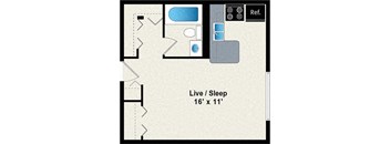 A floor plan of a room with a live/sleep area sized 16' x 11'.