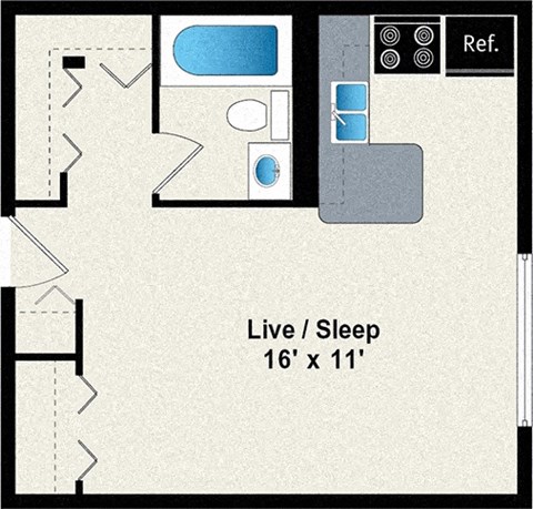 A floor plan of a room with a live/sleep area sized 16' x 11'.