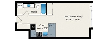 A floor plan of a small apartment with a washbasin, a kitchenette, and a sleeping area.