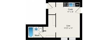 A floor plan of a kitchen and bathroom layout.