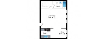 A floor plan of a small apartment with a sleeping area, a kitchen, and a bathroom.