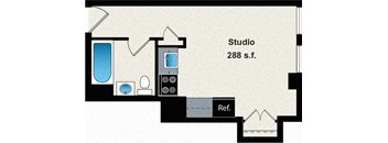 A drawing of a studio apartment sized 288 square feet.
