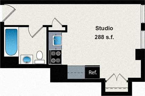 A drawing of a studio apartment sized 288 square feet.