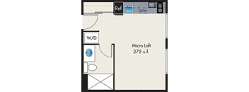 A floor plan of a micro loft sized at 275 square feet.