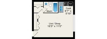 A floor plan of a small apartment with a washbasin, a kitchen, and a sleeping area.