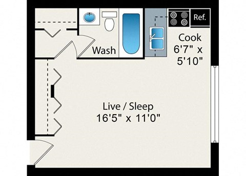 A floor plan of a small apartment with a washbasin, a kitchen, and a sleeping area.