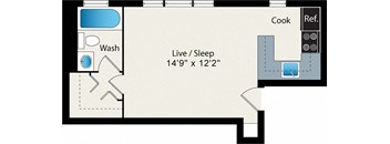 A floor plan of a living space with a wash basin, a cooking area, and a sleeping area.