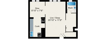 A floor plan of a small apartment with a kitchen, living room, and bathroom.