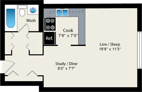 A floor plan of a small apartment with a study, a sleeping area, a kitchen, and a bathroom.