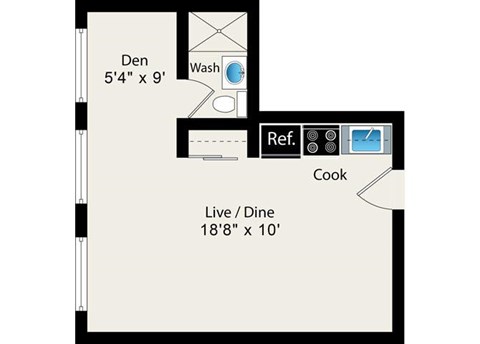 A floor plan of a kitchen with a den, a washroom, a reference area and a cooking area.